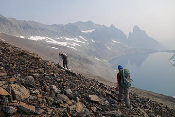 Traversing to Rahm. From Silver Pass, we climbed up and left for a few hundred feet over loose class 3, skirting above some steep snow, and then traversed talus and snow all the way to Rahm. Wasn't so bad, we made great time. .