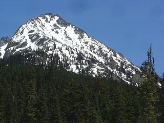 Glissade starts just left of summit and ends right about where the tall tree is in the foreground.