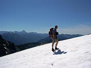 Steve making a hot ascent up the S.E. ridge snowfield.