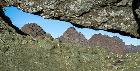 Buckhorn, Iron, and Worthington through a rock window