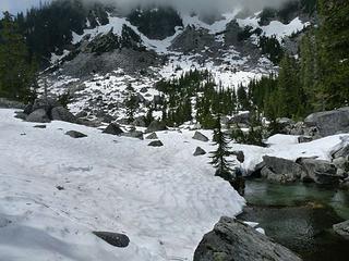 The south end of Surprise Lake with lots of snow covering the boulders