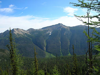 Our descent was down the central gully with the snow patch.