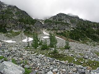 Our route with options. Cross the gulley, trek below the cliff, take the narrow gulley to the right up on a small bench, then head up for awhile.