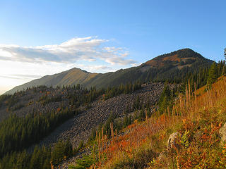 Evening sun on Putrid Pete?s Peak and Mt Defiance, from the Bandera Mtn trail.