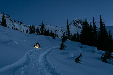 Snowshoes and Headlamps On (Our Sunset Peak, Annette, in the Back)