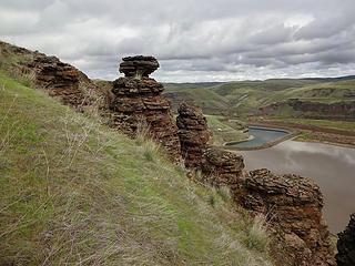 Marmes Pond below which was constructed to prevent water from entering Marmes Rock Shelter where many ancient artifacts were discovered dating back more than 10,000 years. It ultimately failed and is now a fishing hole.