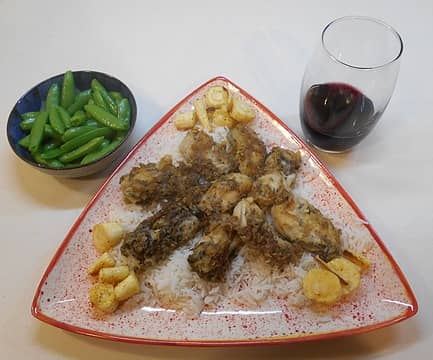 Willapa Bay Oysters on basmati with roasted parsnip and snap peas 03/20/23