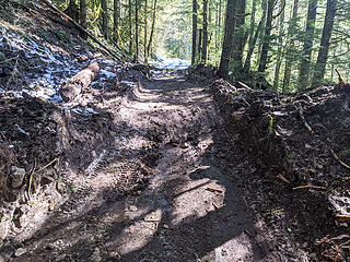 The avalanche debris 1/4 mile before Dingford trailhead is looking really dirty now and was easy to drive over. No ruts are forming. A work party from Goldmyer partially dug this out last Saturday. It came down on 02/22.