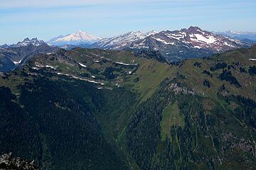 Chaval, Baker, Snowking, and Bucking viewed over the top of Downey  the different colors and shapes really show of the geological diversity of the Cascades