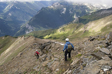 Yukon and Dicey head down the ridge