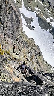 the steep down climb in the crack from the notch