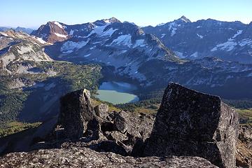 Summit view down to Lower Lyman Lake, backed by Red, Chiwawa, and Fortress