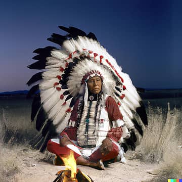 native american man sitting cross legged by campfire at night