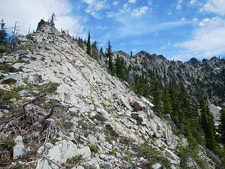 on the right you can see the scramble ridge between the west and central peaks of Davis