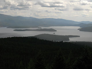 Priest Lake and the islands.  Kalispell Island in the foreground, then tiny Papoose, then Bartoo, and in the way back is smaller Four Mile Island.