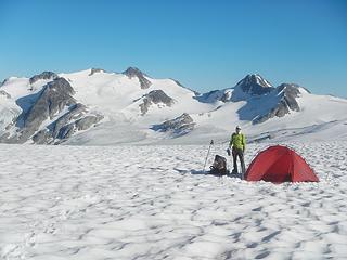 camping on the icecap with Golden Calf Peak in the distance