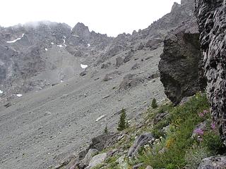 Continuing up the arm traversing to the left of the boulders