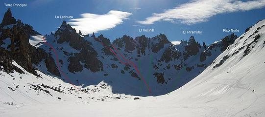 great corn skiing in several couloirs above Refugio Frey
