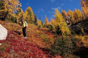 hiking down a colorful drainage