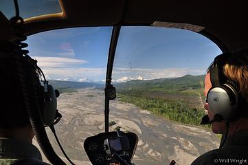 Inside the helicopter, over the Little Delta River