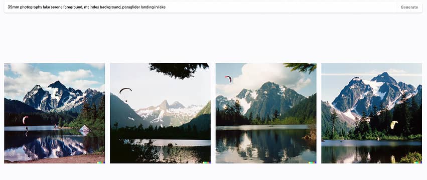 35mm photography lake serene foreground, mt index background, paraglider landing in lake