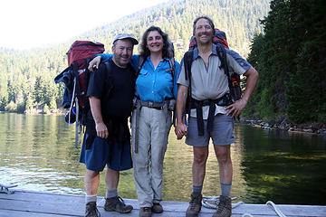 The end of the trail, waiting for the water taxi...Andy, Darina and Darin