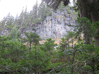 A final feature of geologic interest as one hikes the Scott Paul clockwise is this cliff above the trail about 1/2 mile below the saddle. The cliff is made of rock not from Mt. Baker but from the older, larger,more distant  Black Buttes volcano, which is chemically quite distinct compared to Baker lavas.  This one fooled me while doing my MS field work.