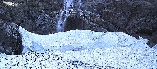 B4 headwall pan. It's the block of ice at the top of the avalanche cone, about 100 feet wide, and separated from the bulk of the cone by a chasm 60 to 80 feet deep.