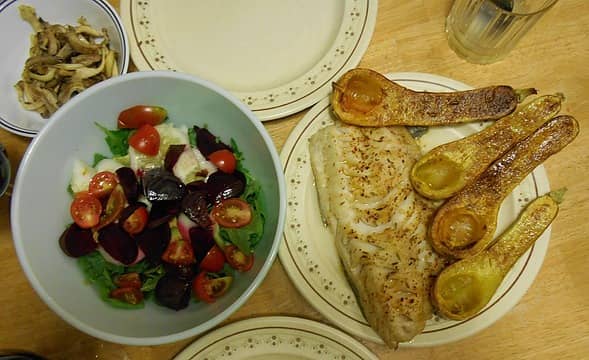 broiled black cod with baked squash, sauteed oyster mushrooms, and salad 08/12/21