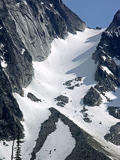 Colchuck Glacier route col to lower moraine, note the sweet glissade track !