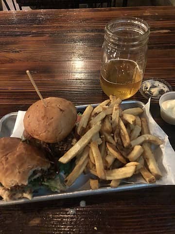 fried chicken blt sliders, garlic fries, pay to play pale ale