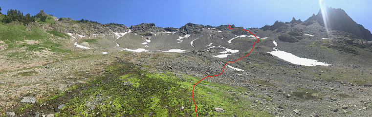 Panorama from Kidney Lakes basin.  Route taken in red.