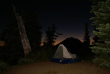Camp with Mount Rainier at Sunset