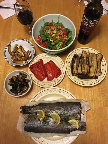 baked trout, roasted eggplant and red pepper, wild mushroom medley, and salad 10/13/21