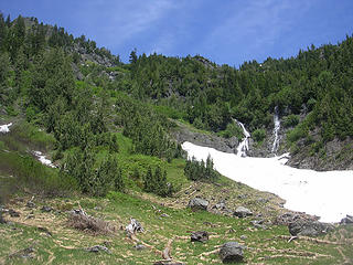 the route from the basin (left of waterfalls)