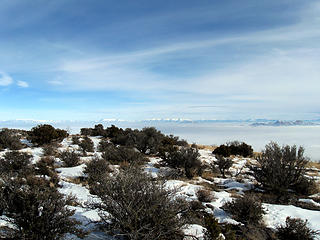 Stansbury Island is  on the rightside of this pic with the Wasatch (snowy) peaks on the horizon, this pic is taken from near the summit of Craner Peak of the Lakeside Mtns. The Great Salt Lake is hidden under the fog this day.  Jan 16  2010