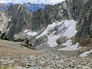 looking down into upper basin and the only snow