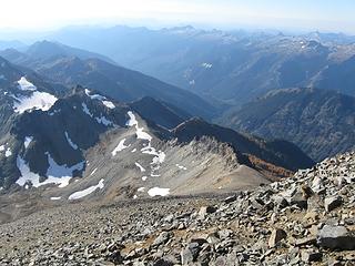 Looking down from Mount Maude to saddle between Ice Lakes and campsite basin