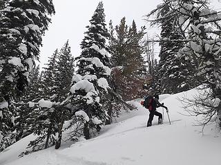 Breaking trail up from Foggy Dew