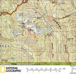 Clark/Luahna Wider Area Map (yellow line is approach, red line is summits)