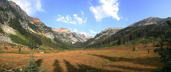 Full view of the meadow with morning shadows cast on the grasses