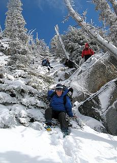 Final climb through tree branches down into the snowier basin.