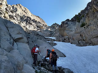We avoided the firm snow in the gully by staying on rock