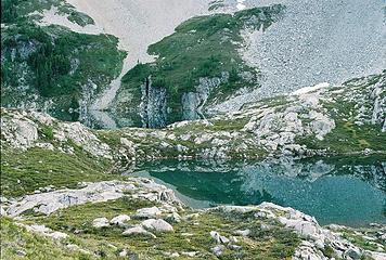 Still waters of 2 of the Tapto lakes.  You can see my tent between them.