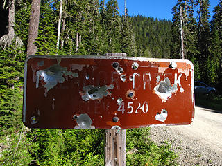 The one and only trailhead sign. At the well discovered "secret" back entrance to Grand Park. 
Lk Eleanor trail to Grand Park MRNP 7/17/10