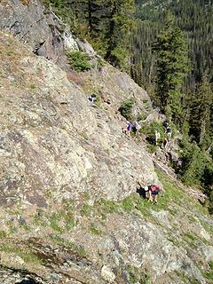 Traversing from the first gully onto the base of the mountain.