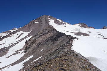 Route transfers onto the Gerdine here, then climbs the left side before angling right under Disappointment Peak to the Cool Glacier