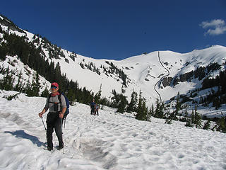 Route (black line) of glissade descent down north face of Ruth