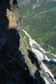 Looking down to the parking lot from high on the NE Buttress.