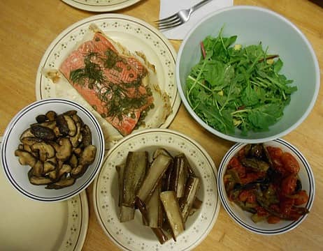 wild coho filet with roasted eggplant, roasted tomato and eggplant, shitake mushrooms, and salad 08/14/21
